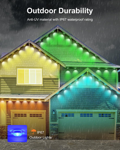 Nexillumi Permanent Outdoor Lights for House, 100ft Smart RGB Plus IC Outside Lights with 60 Scene Modes, IP67 Waterproof Eaves Lights for Christmas All Holiday Decorations