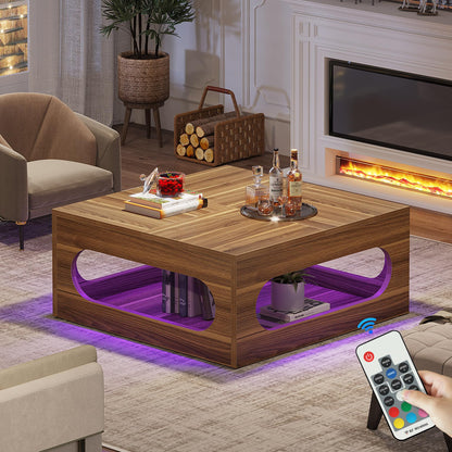 Tribesigns 43-Inch Coffee Table with LED Light, Square Coffee Table with Storage, Wood Cocktail Table, Farmhouse Center Table for Living Room Home Office, Brown - WoodArtSupply