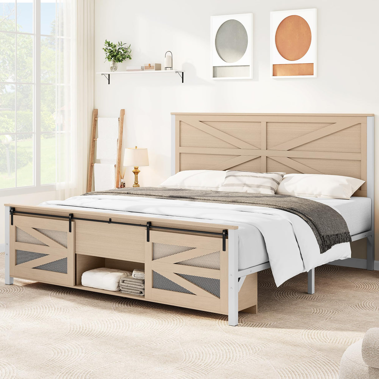 YITAHOME King Size Bed Frame with Charging Station, Farmhouse Platform Bed Frame with Headboard, 2 Storage Shelves, Noiseless, No Box Spring Needed, Oak YITAHOME