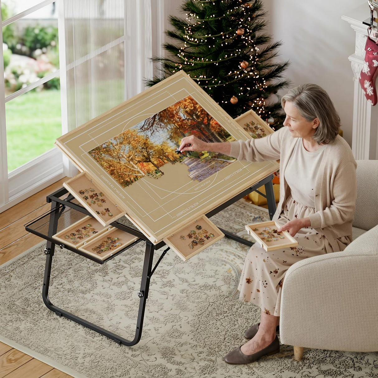 Puzzle Table with Drawers for 1500 Piece Jigsaw Puzzles – Adjustable Tilting Puzzle Board with Folding Legs & 6 Slidable Sorting Trays for Adults, Portable Wooden Puzzle Boards with Protective Cover EVAWOO