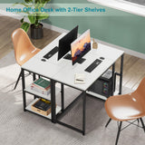 SINPAID Computer Desk 40 inches with 2-Tier Shelves Sturdy Home Office Desk with Large Storage Space Modern Gaming Desk Study Writing Laptop Table, White Desk SINPAID