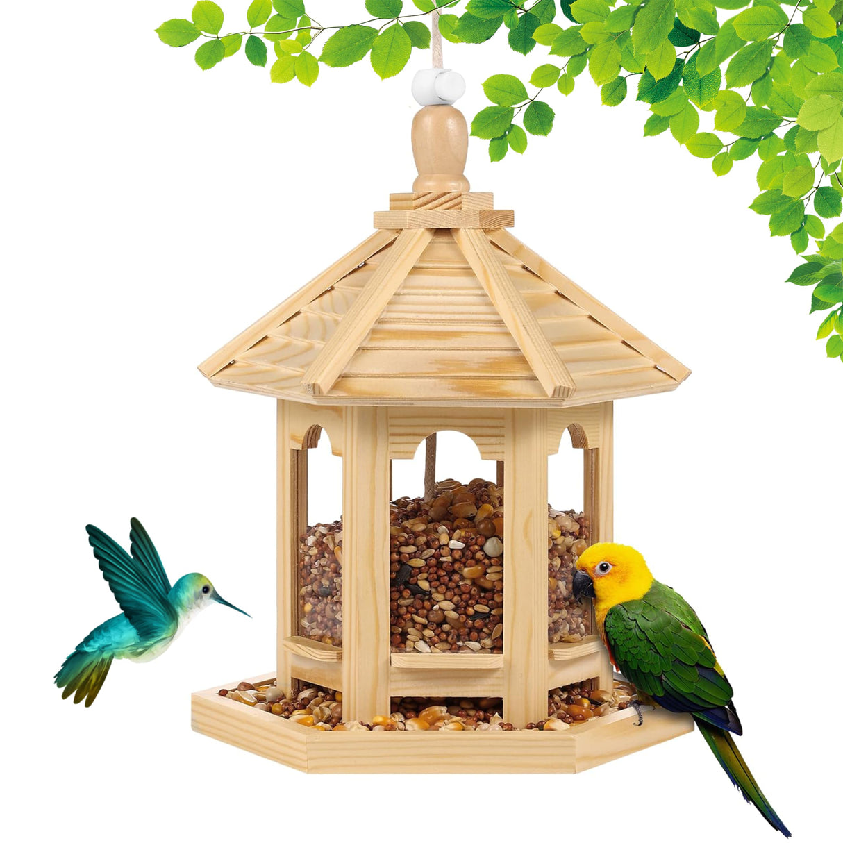 Wooden Bird Feeder for Outside Garden,Hanging Bird Feeders Wood Hexagon Shaped Gazebo Bird Feeder Large Capacity,Wood House Bird Feeder for Cardinal Sparrow Finch AiduduPet