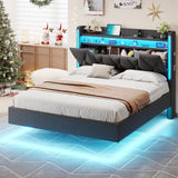 busyaeh Dark Gray Floating Bed Frame Queen with Hidden Storage, Charging Station & LED Lights busyaeh
