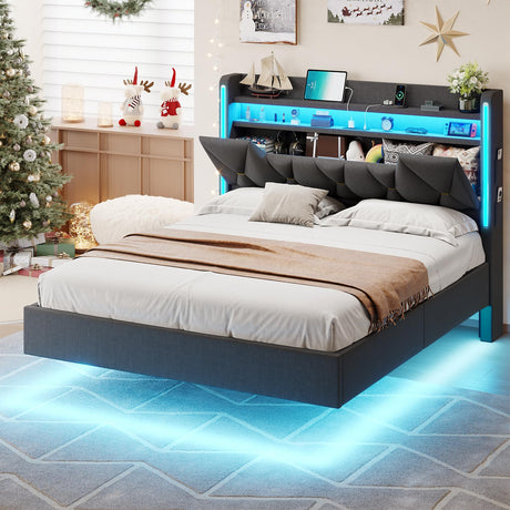 busyaeh Dark Gray Floating Bed Frame Queen with Hidden Storage, Charging Station & LED Lights busyaeh