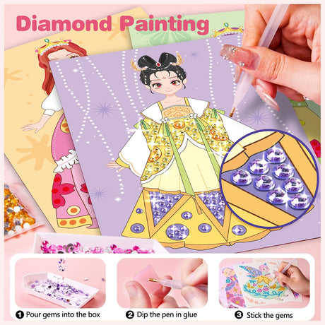 Art Craft Activity for Kids, Paper Craft Kits - Paper Makeup DIY Girls Toy Kit with Diamond Painting & Princess Dress Up Set, Ideal Birthday Halloween Party Gift for Girls Ages 4 5 6 7 8 9+ Year Old ZHOC