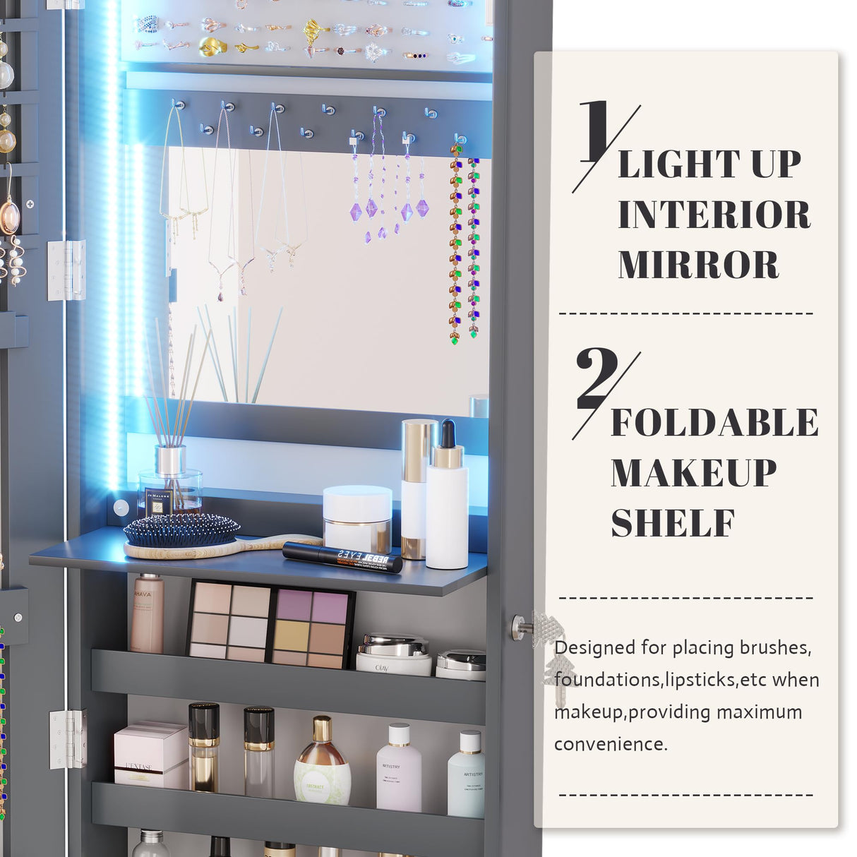 Vlsrka 47.2" LED Grey Jewelry Mirror Cabinet, Wall/Door Mounted Jewelry Armoire Organizer with Full-Length Mirror, Large Capacity Storage Hanging Cabinet, 4 Drawers, 5 Shelves, Built-in Lighted Mirror Vlsrka