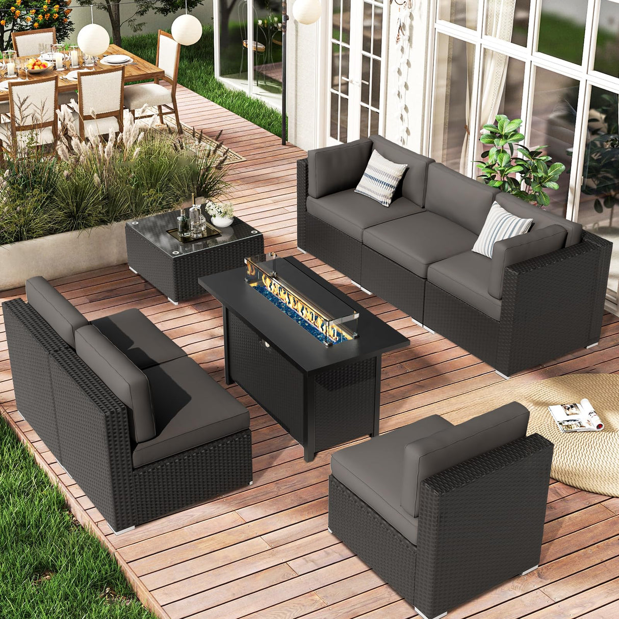 SUNCROWN 7-Piece Outdoor Patio Furniture Sofa Set All-Weather Wicker Sectional Conversation Set with Modern Glass Coffee Table, Cushions and Fire Pit Table (Grey) SUNCROWN