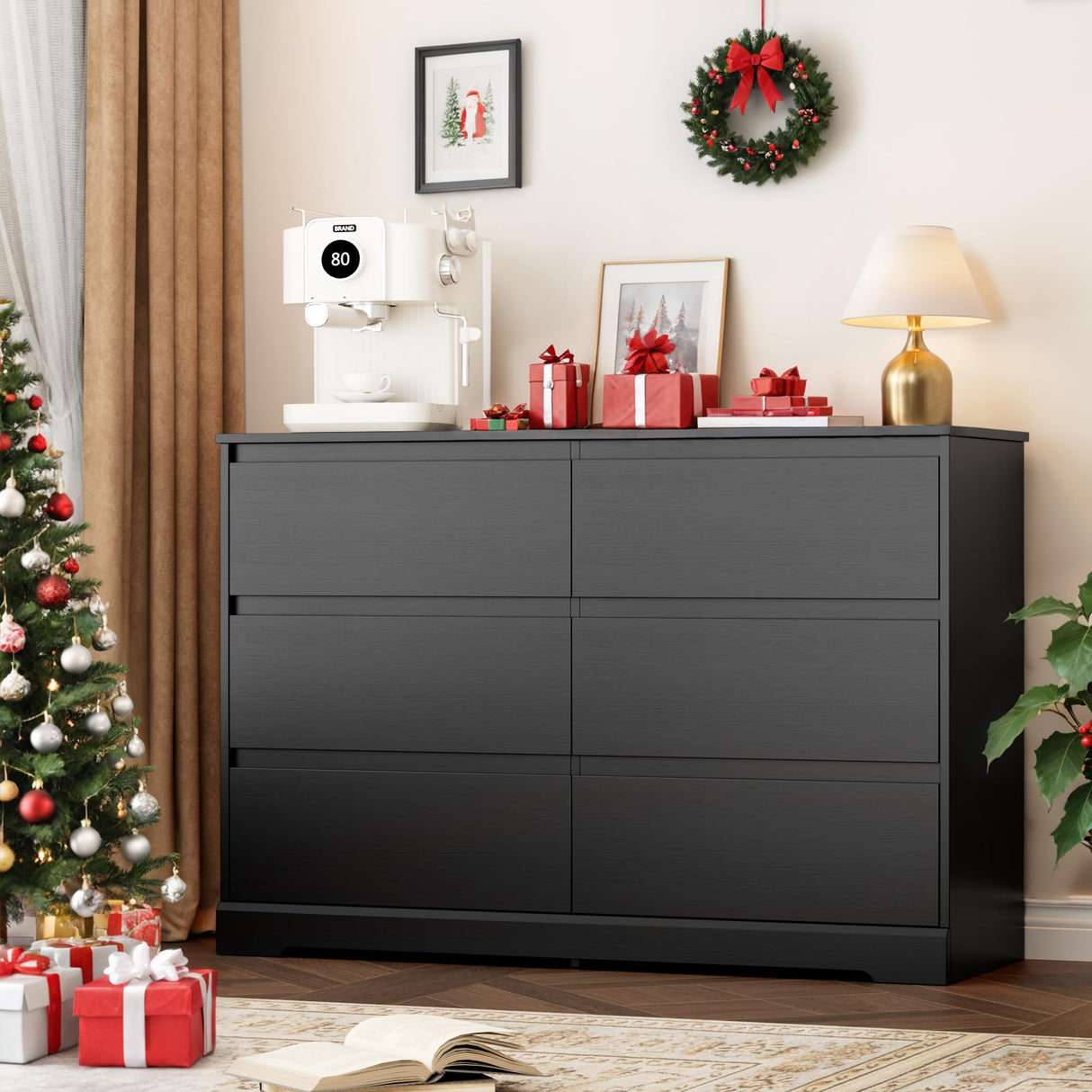 FOTOSOK 6 Drawer Double Dresser, Black Dresser, Modern 6 Chest of Drawers with Deep Drawers, Wide Storage Organizer Cabinet for Living Room Home FOTOSOK