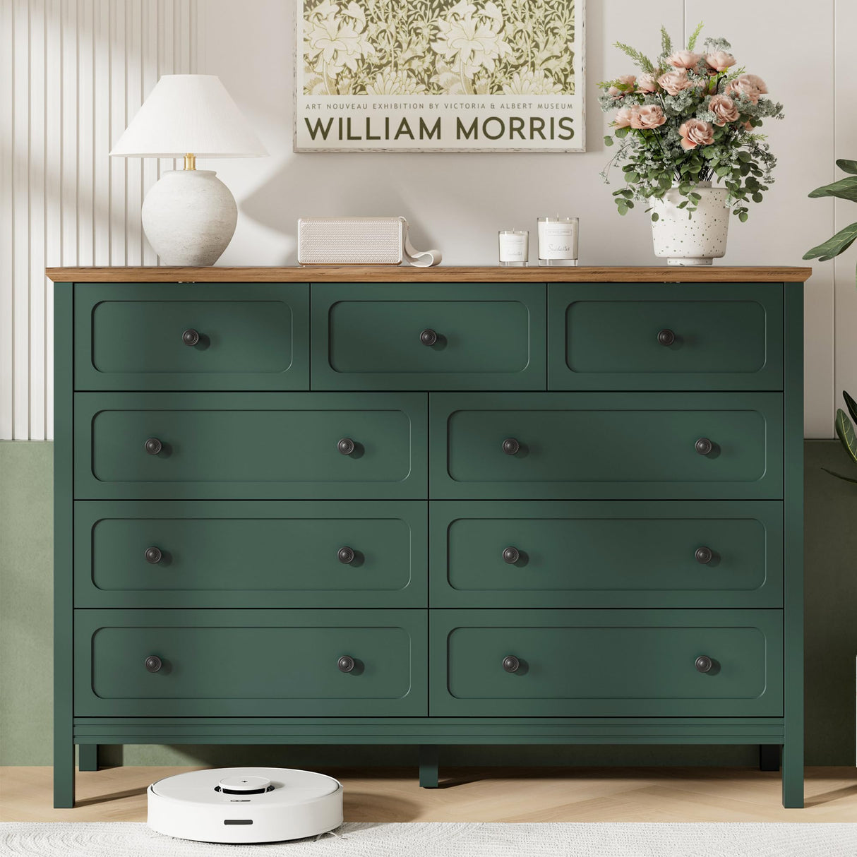 Tradare Dresser for Bedoom, Modern Chest of Drawers, Wood 9 Drawer Dresser with Metal Handles, Storage Organizer Wide Dressers for Living Room, Hallway, Entryway, Green Tradare