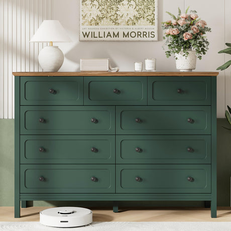 Tradare Dresser for Bedoom, Modern Chest of Drawers, Wood 9 Drawer Dresser with Metal Handles, Storage Organizer Wide Dressers for Living Room, Hallway, Entryway, Green Tradare