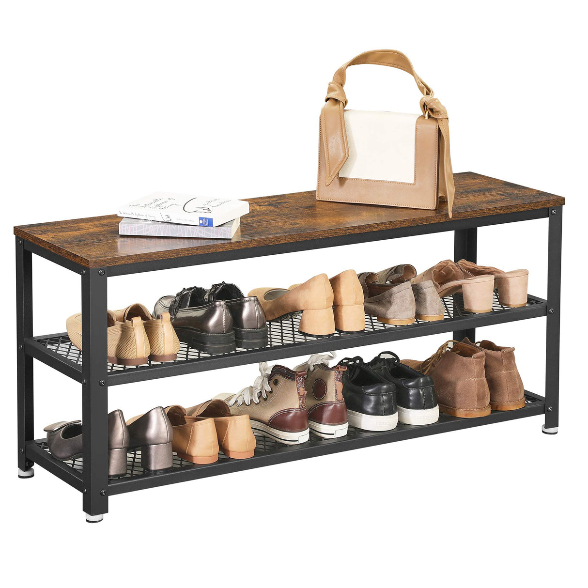 VASAGLE, 3-Tier Shoe Rack, Shelf Storage Bench with Metal Mesh Shelves and Seat, Free Standing Shoe Organizer for Entryway, 11.8 x 39.4 x 17.7 Inches, Rustic Brown and Black ULBS078B01 VASAGLE