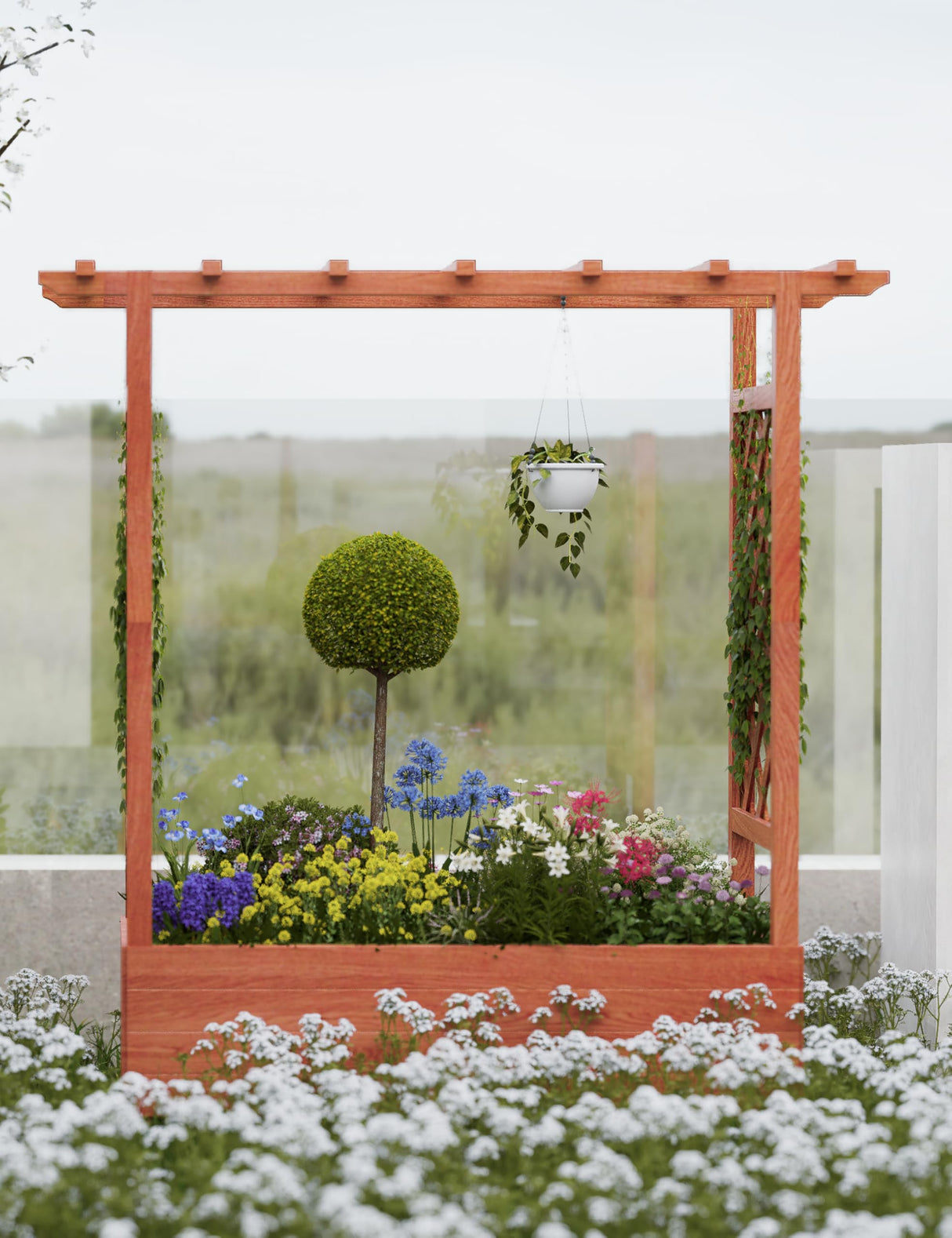 GarveeLife Raised Garden Bed with Trellis, 45 Inch Wood Planter Box with Side Trellis, Hanging Roof, and 4 Drainage Holes, Freestanding Elevated Garden Bed for Climbing Plants, Vines, Flowers GarveeLife