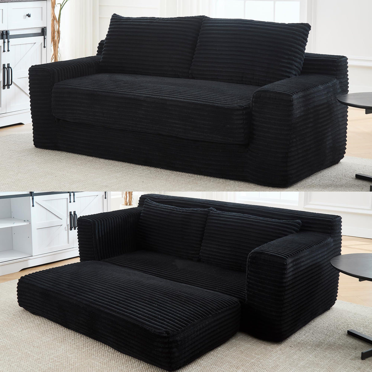 GNIXUU Corduroy Cloud Loveseat Sofa, 2 in 1 Convertible Black Boneless Sleeper Sofa with Fixed-Shape Frame, Comfy Folding Love Seat Couches for Living Room, Apartment, Small Spaces GNIXUU
