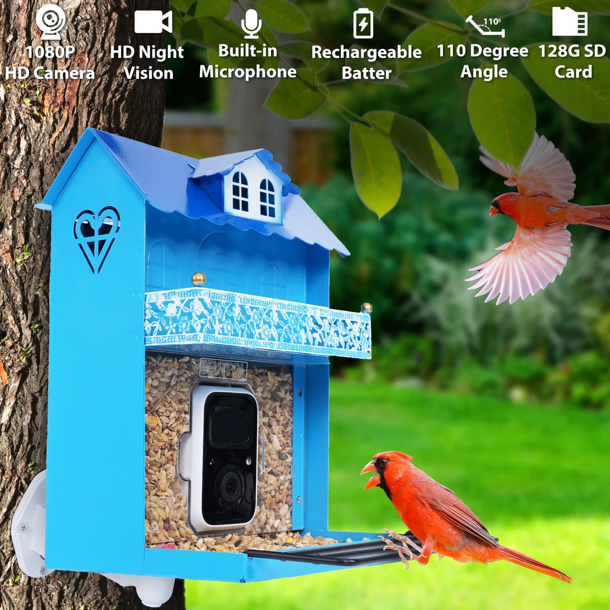 Smart Bird Feeder with Camera.Auto Capture Bird Videos & Bird Motion Detection,Wireless App Notification,Bird House Camera,Lifetime 32G Free Space.Idea Gift AMOEJOV