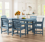 SERWALL 7-Piece Patio Dining Table Sets, Outdoor HDPE Dining Furniture Set with Umbrella Hole Cut-Out Table and 6 Chairs, Blue SERWALL