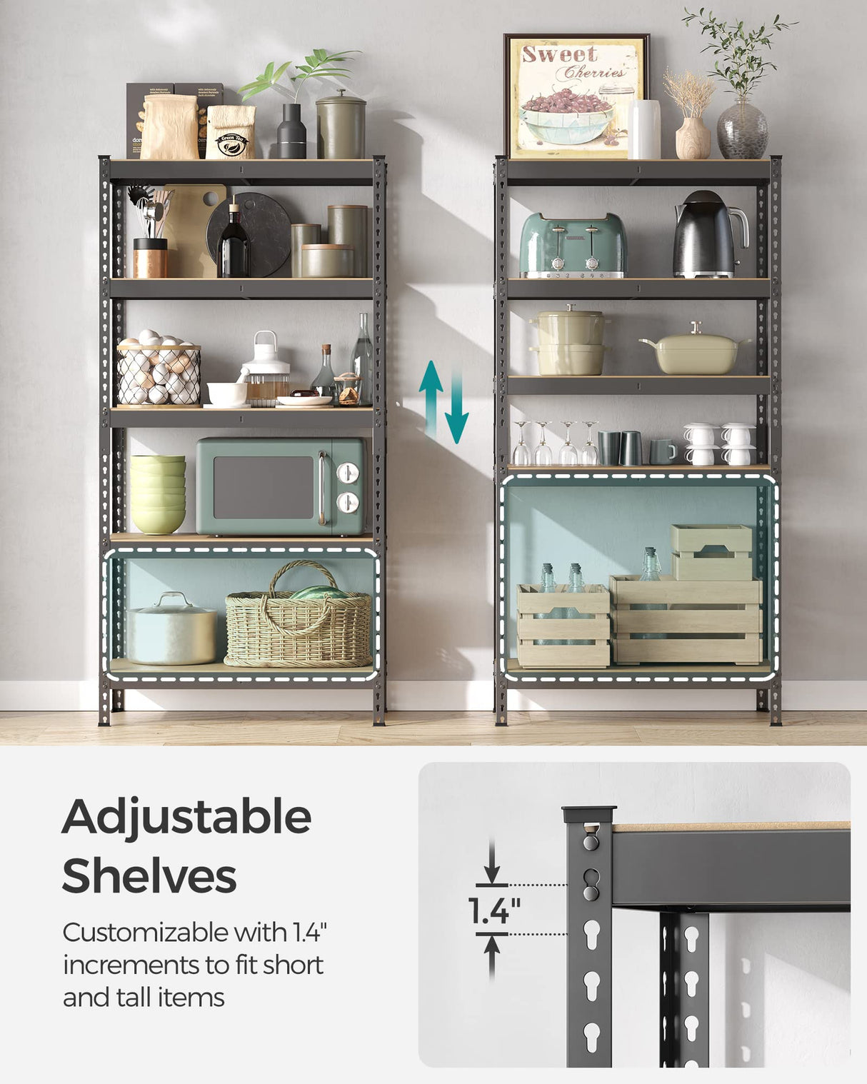 SONGMICS 5-Tier Storage Shelves, Garage Storage, Boltless Assembly, Adjustable Shelving Unit, 17.7 x 35.4 x 70.9 Inches, Load 1929 lb, for Shed Warehouse Basement Kitchen, Gray UGLR450G01 SONGMICS