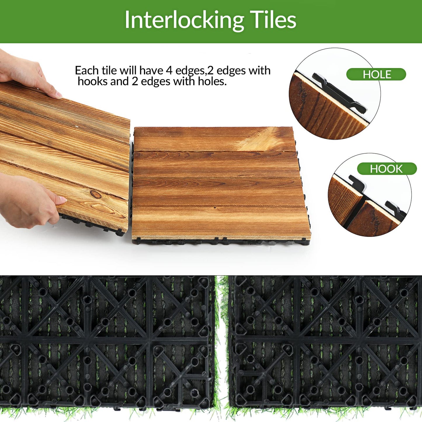 48 Pcs Hardwood Interlocking Patio Deck Tile and Artificial Grass Tile Waterproof Wood Flooring Tile Interlocking Turf Tile Outdoor Self Draining Tile for Balcony Garden Patio Lawn, 12x12 in