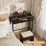 HIGDBFE Small Makeup Vanity Desk 27.5''W with Mirror and Lights, Vanity Desk with 3 Fabric Drawers and Height-Adjustable Stand, Vanity Table for Girls Gifts, Bedroom and Small Spaces, Black HIGDBFE