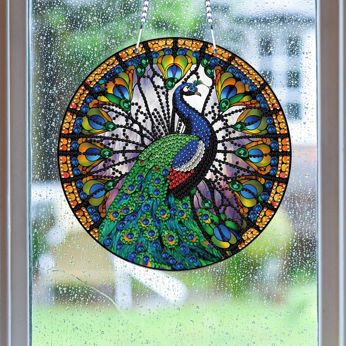 LYENYI 5D Peacock Diamond Painting Kits Hanging Pendants Wall Art Colored Imitation Glass Art Point Drill Crystal Diamond Arts Window Pendants Home Garden Wall Door Birthday Festival Gifts LYENYI