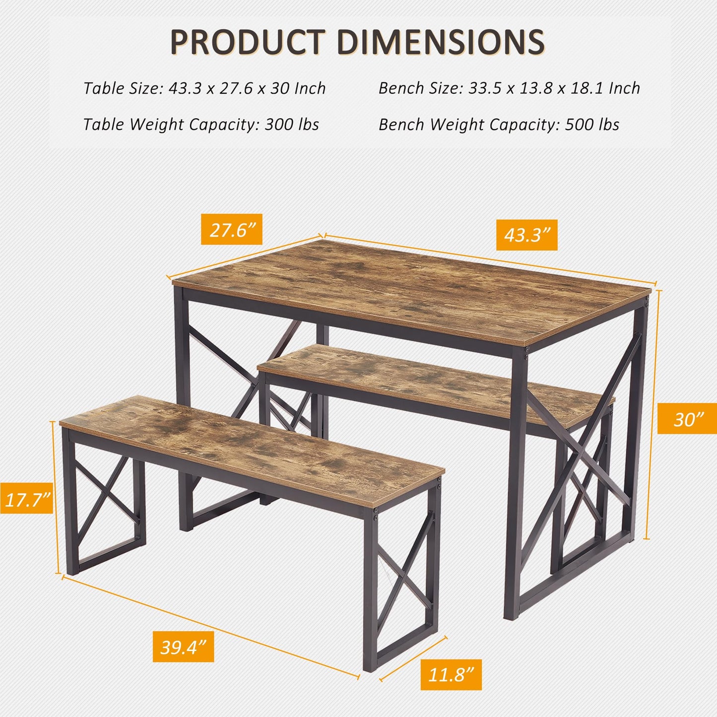 VECELO Kitchen Table with 2 Benches for 4, 43.3'' Wood Dining Room Dinette Sets with X Metal Frame for Breakfast Nook and Small Space, Brown - WoodArtSupply