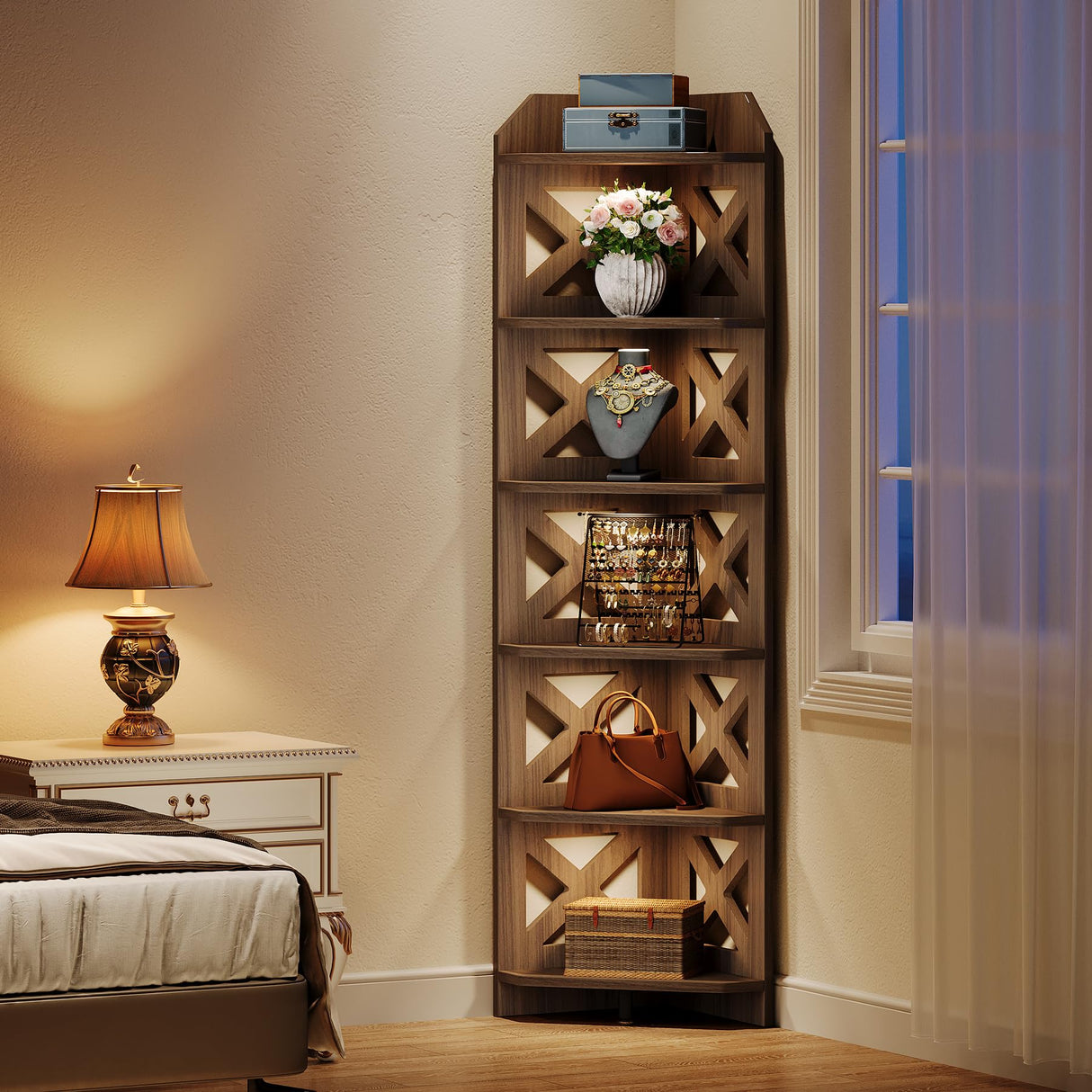 Tribesigns 70.8" Corner Shelf, Rustic 6-Tier Wall Corner Bookshelf, Farmhouse Corner Small Bookcase Display Storage Shelves Plant Stand for Home Office, Living Room, Bedroom Tribesigns