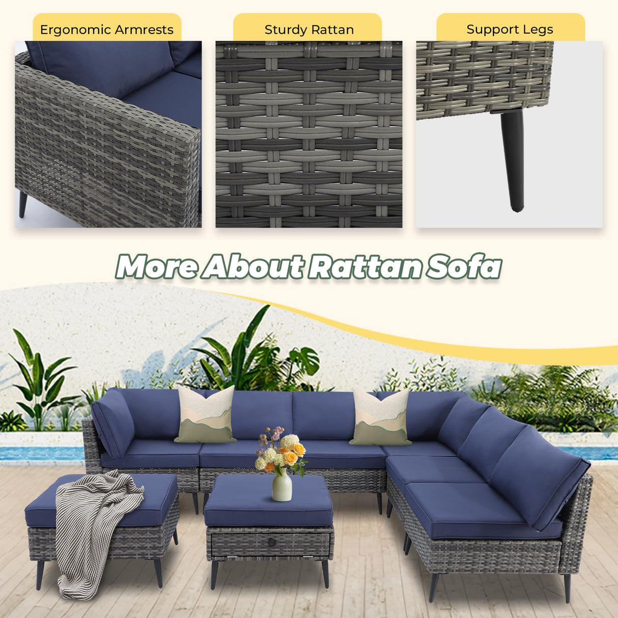 LVUYOYO 8 Pieces Outdoor Patio Furniture Set, Wicker Sectional Sofa Set for All-Weather, Rattan Conversation Sets with Cushions and Storage for Deck, Backyard, Porch (Grey) LVUYOYO