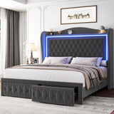 Queen Bed Frame 55" Tall Headboard with LED Lights, Buttons Tufted Velvet Upholstered Platform Bed Frame with 2 Storage Drawers, Wood Slats Support Mattress Foundation, No Box Spring Needed, Grey Keyluv