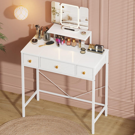 HIGDBFE Makeup Vanity Desk with Mirror and Lights & 3 Drawers, Small Vanity Desk with Height-Adjustable Stand, Vanity Table for Girls Gifts, Bedroom and Small Spaces, Fabric Drawer, 27.5'', White HIGDBFE