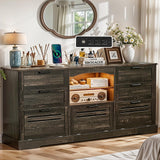 JanflyHome Wood Rustic Chest of Drawers, 63" Wide Vintage 7 Dresser with Outlet and Lights, Farmhouse Drawers Dresser with 4 Drawers & 3 Cabinets for Living Room, Dark Rustic Oak JanflyHome