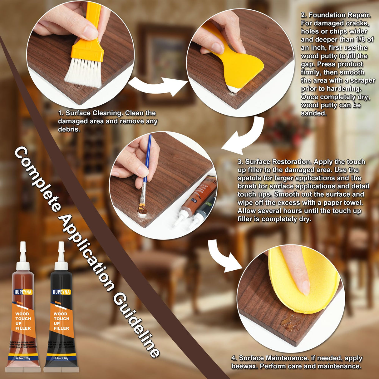 Hupeyna Wood Furniture Repair Kit, 21 Pcs Touch Up Wood Putty, Wood Fillers and Beeswax - Repair Cracks, Scratch, Hole, Discoloration for Wooden Floor, Door, Laminate, Table, Cabinet Surfaces Hupeyna