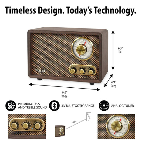 Victrola Retro Wood Bluetooth Radio with Built-in Speakers, Elegant & Vintage Design, Rotary AM/FM Tuning Dial, Wireless Streaming, Espresso Victrola