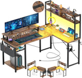 Aheaplus Small L Shaped Gaming Desk with LED Lights & Power Outlets, Reversible L-Shaped Computer Desk with Monitor Stand & Storage Shelf, Corner Desks Home Office Desk with Storage Bag, Rustic Brown Aheaplus