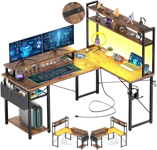 Aheaplus Small L Shaped Gaming Desk with LED Lights & Power Outlets, Reversible L-Shaped Computer Desk with Monitor Stand & Storage Shelf, Corner Desks Home Office Desk with Storage Bag, Rustic Brown