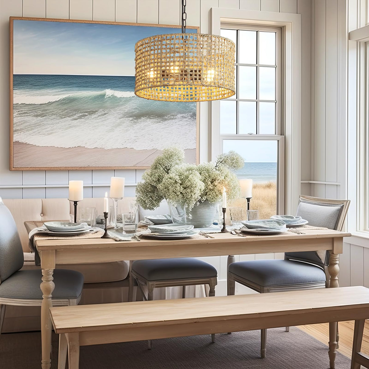 Mgcanyu 17.7" Rattan Dining Room Light fixtures, 5-Light Hand Woven Pendant Lights Kitchen Island Rattan Boho Chandelier Bohemian Hanging Ceiling Lights Wicker Lighting for Restaurants Living Room Mgcanyu