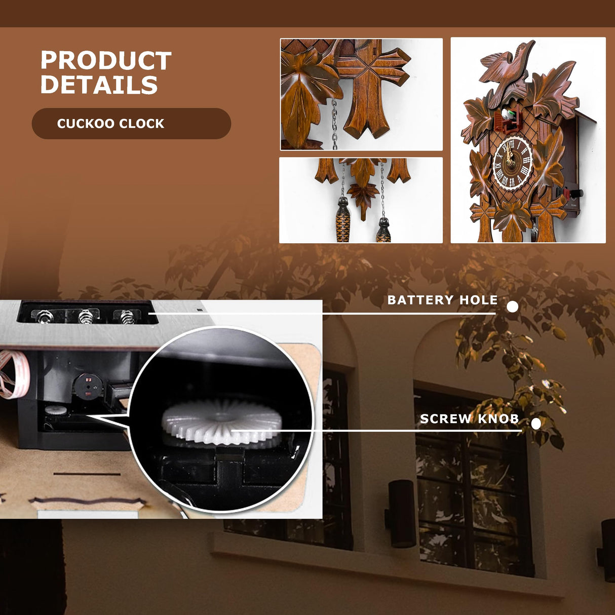 STRONGBERRY Handcrafted Cuckoo Wall Clock with Silent Movement, Pendulum & Chime Function - Classic Vintage Wooden Cuckoo Clock - 18.11 x 9.84 x 3.94 inches STRONGBERRY