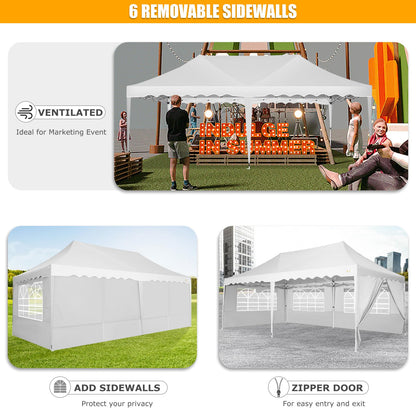 HOTEEL 10x20 Pop Up Canopy Tent for Parties, Waterproof Easy Setup Canopy Tent 10x20 with 6 Sidewalls, 4 Sandbags, Wheeled Bag, Outdoor Sunproof 10x20 Canopy for Backyard, Wedding, Event, Patio, White