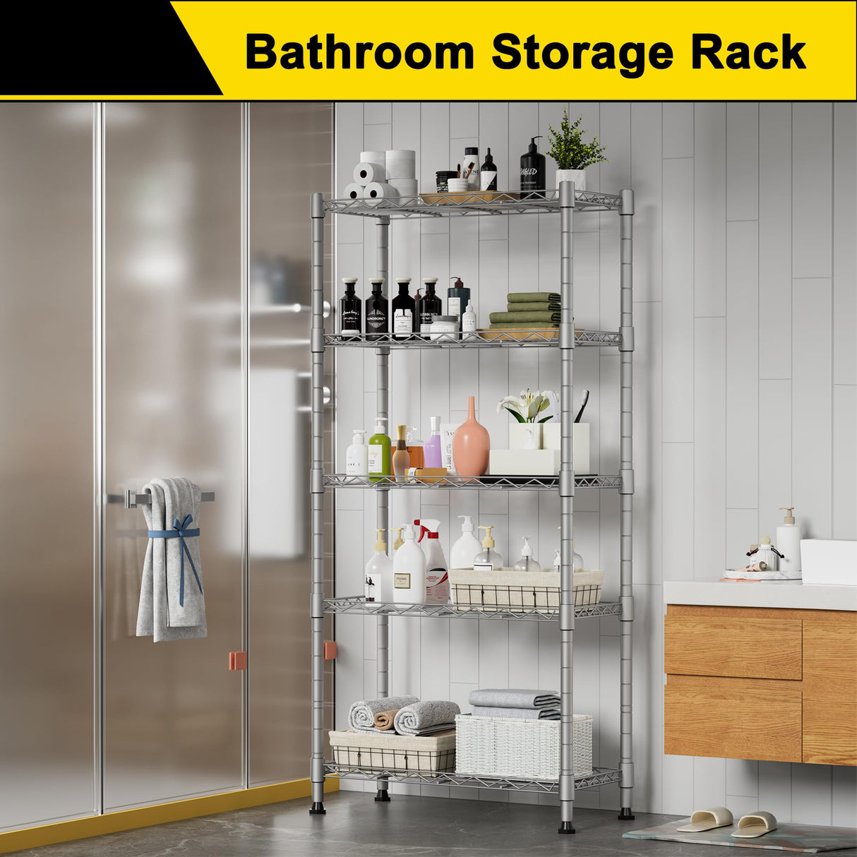 GIOTORENT 5-Wire Garage Shelving Storage Shelves, Kitchen Storage Adjustable Shelf, Metal Shelves 500Lbs Capacity 21" L x 11.8" W x 53.8" H for Laundry Bathroom Pantry Closet, Grey GIOTORENT