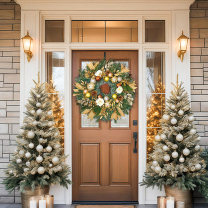 Christmas Wreaths for Front Door with Lights,24 inch Gold Large Christmas Wreaths Outdoor,Decorated with Christmas Ball,Pine Cones,Branches,Rose,Ribbon,Berry for Thanksgiving Fall Winter Decor