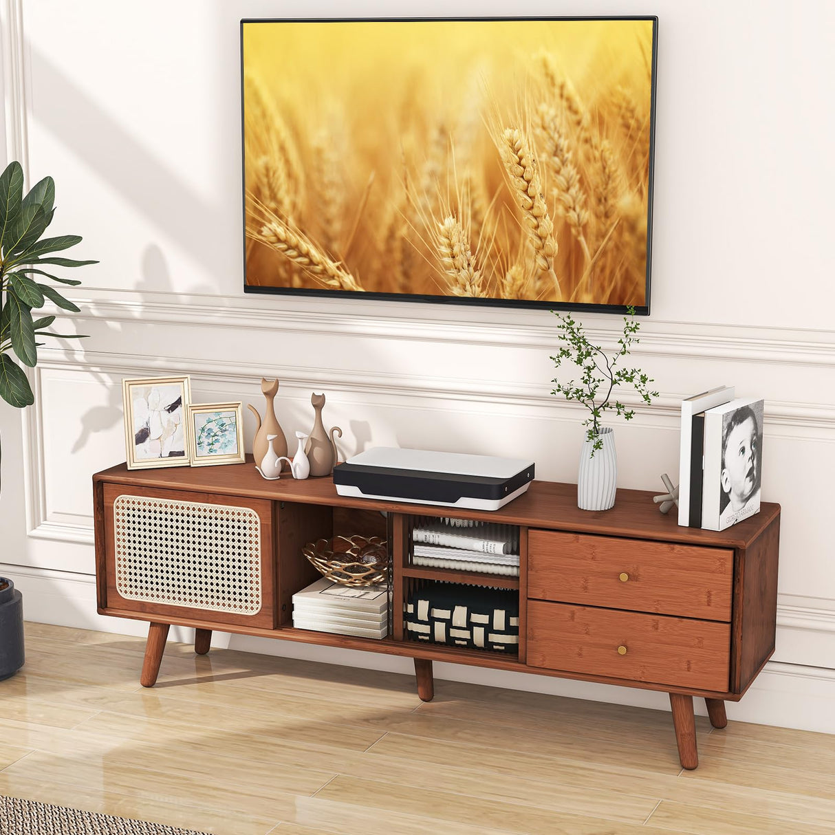 Giantex Bamboo TV Stand for TVs up to 65”, PE Rattan Media Console with Sliding Doors, Drawers & Open Shelves, 5 Solid Wood Legs, 2 Cable Holes, Entertainment Center for Living Room, Bedroom, Walnut Giantex