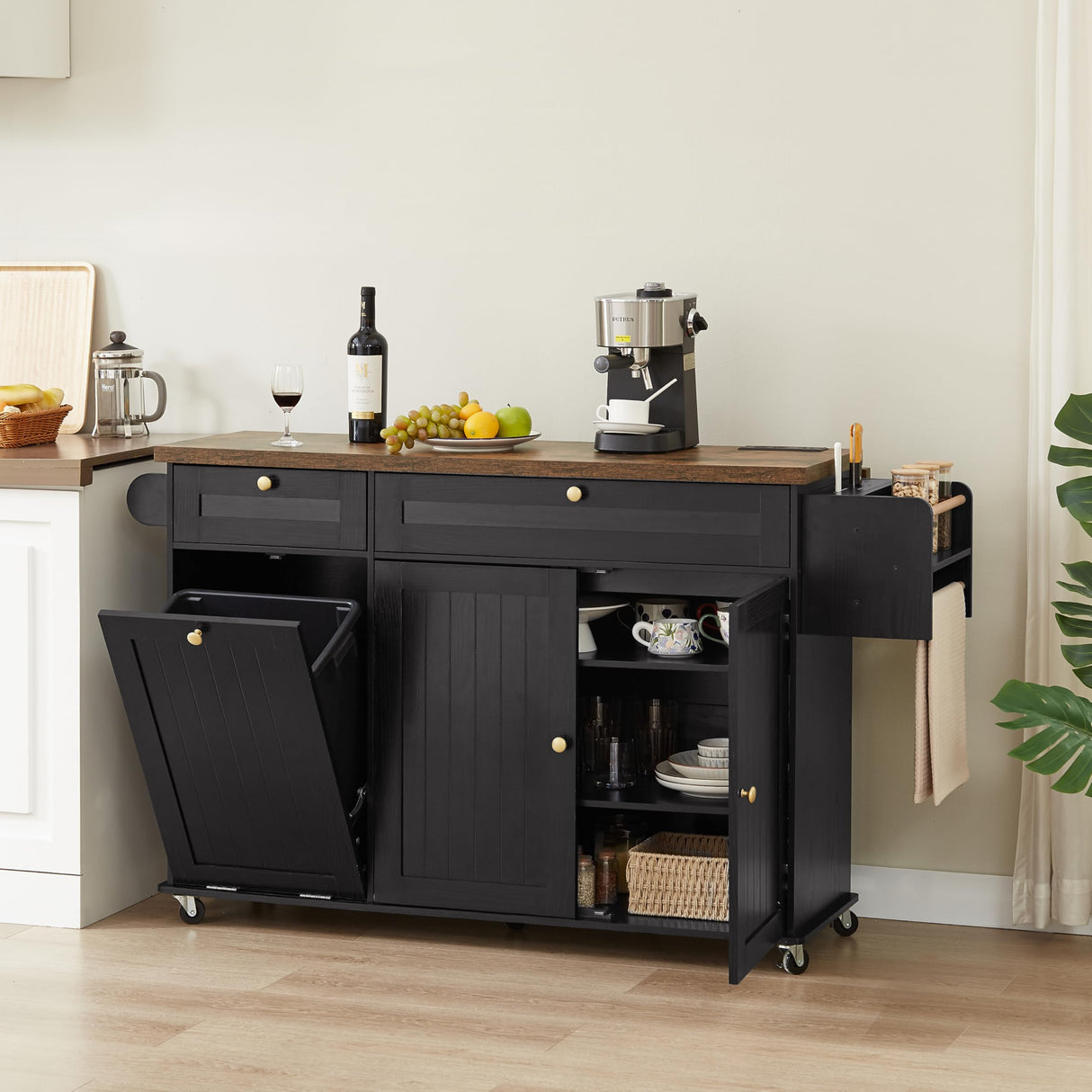 60" Kitchen Island with Power Outlet & Drop Leaf, Kitchen Rolling Island with Spice Rack & Towel Rack, Knife Holder, Kitchen Island Cart with Trash Storage Cabinet, Mobile Island Table for Kitchen ONBRILL