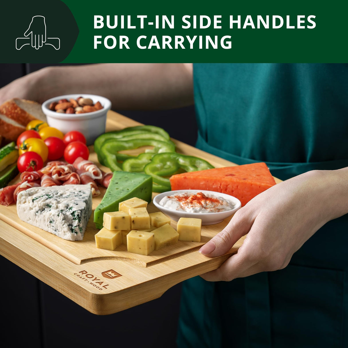 ROYAL CRAFT WOOD Bamboo Cutting Board with Juice Groove - Kitchen Chopping Board for Meat Cheese and Vegetables, Heavy Duty Serving Tray w/Handles (Large,10 x 15") ROYAL CRAFT WOOD