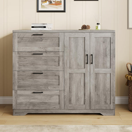 GarveeHome Multifunctional Wooden Dresser for Bedroom, 43.3 in H 2 Door Wardrobe Armoire Closet with 4 Drawers and Hanging Rod, Low Storage Cabinet for Hanging Cloth, Gray GarveeHome