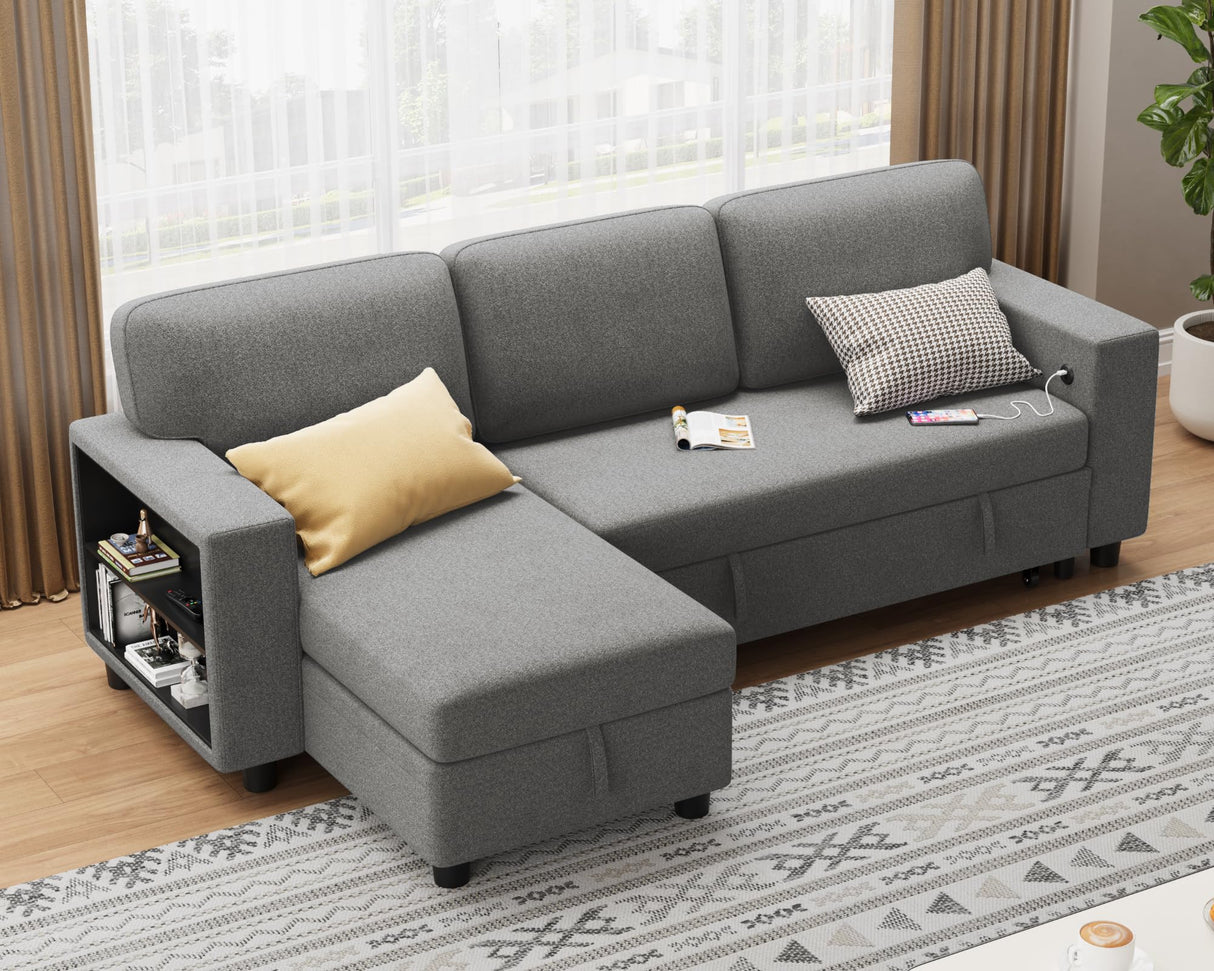 Flamaker 80" Sleeper Sofa, Pull Out Couch with Built-in Large Storage and 2 Bookshelves, Convertible Modular Sectional Sofa Bed with USB, Modern Fabric Couches for Living Room, Apartment (Grey) Flamaker