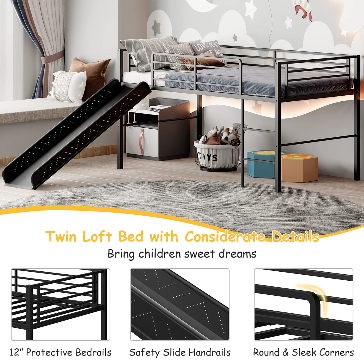 Giantex Twin Loft Bed with Slide, Metal Low Bunk Bed w/Safety Guardrails & Built-in Ladder, Toddler Bed Floor Frame for Boys & Girls, No Box Spring Needed (Black) Giantex