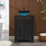 UEV Black 24" Bathroom Vanity with Sink Combo,Modern Vanity with Vessel Sink,Stylish Bathroom Vanity Cabinet,Grooved Doors & Metal Handles,Modern Square Ocean Blue Tempered Glass Vessel Sink(A10) UEV