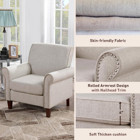 Prilinex Upholstered Living Room Chair Set of 2 - Large Comfy Fabric Accent Chair Single Sofa with Cushion, Rolled Armrest & Nailhead Trim, Mid Century Farmhouse Armchair for Bedroom, Office, Beige Prilinex