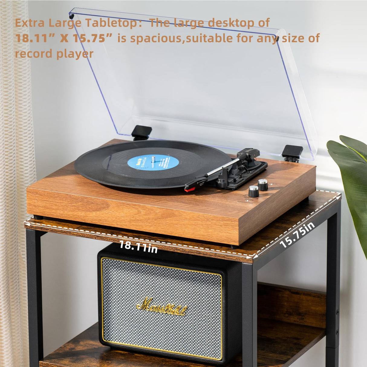 LELELINKY Large Brown Record Player Stand, 3 Tier Big End Table with Vinyl Storage Shelf Up to 130 Albums, Industrial Turntable Printer Stands Modern Side Tables for Living Room, Bedroom, Office LELELINKY