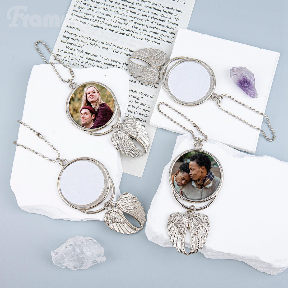 Framendino, 10 Pack Silver Angel Wing Pendant Car Hanging Ornament with Sublimation Blank Heat Transfer Photo for Home Window Framendino