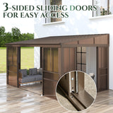 EROMMY 10' x 14' Sunroom, Wall Mounted Gazebo with Galvanized Steel Roof & Aluminum Frame, 3-Sided Sliding Doors, Lean to Gazebo with 6mm Thickened UV-Resistant PC Screen for Patio, Garden, Backyard EROMMY