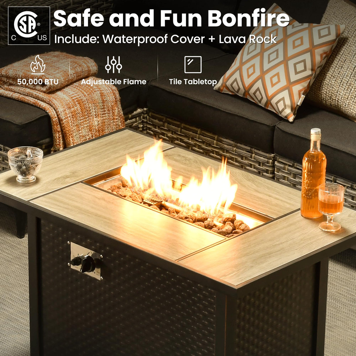 ovios 9 Pieces Patio Furniture Set Outdoor Sectional Sofa Couch with Fire Pit Table Rocking Swivel Chairs Deep Seat Chaise, Modern Modular Wicker Rattan Conversation Set, Black ovios